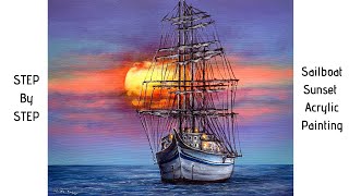 Sailboat Sunset STEP by STEP Acrylic Painting ColorByFeliks [upl. by Adnahsor]