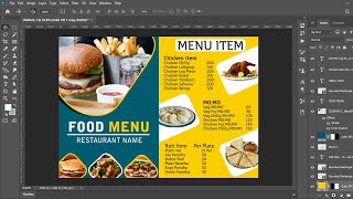 Photoshop Tutorial  Restaurant Food Menu Card Design Design in Photoshop  A4 Size Design [upl. by Bocyaj607]