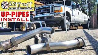 2001 F350 73  RiffRaff UpPipes Install  Stock up pipes leaking and falling apart JUNK SP [upl. by Iznek]